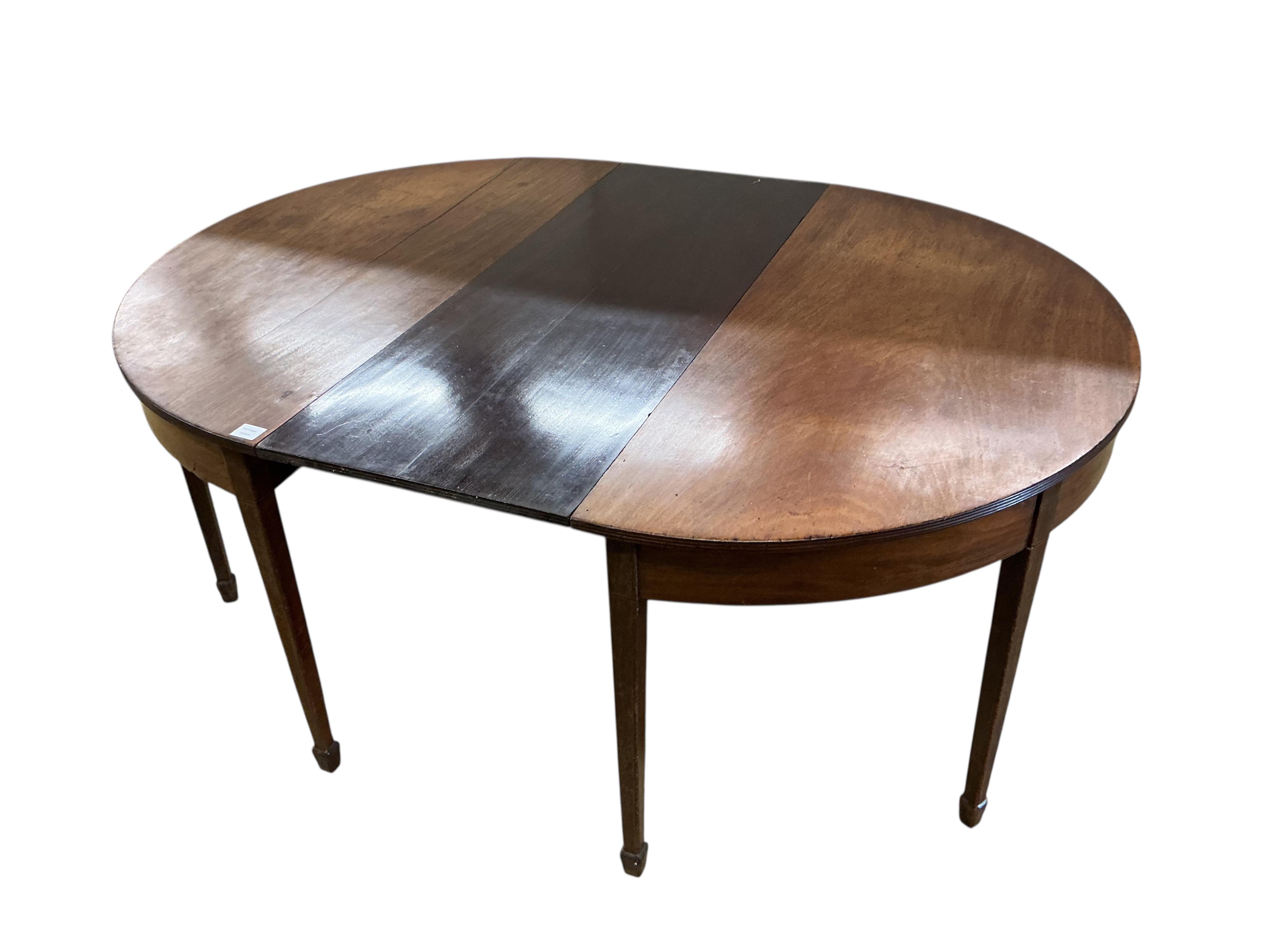 A George III mahogany D end extending dining table, width 180cm extended, one spare leaf, depth 132cm, height 72cm